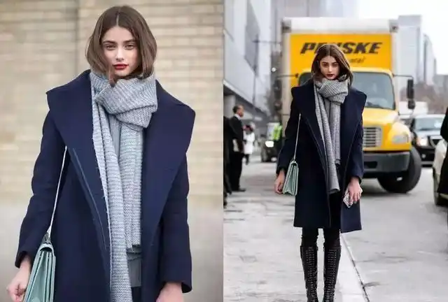 不知道藏蓝色大衣搭配什么内搭和裤子紧身的服饰是关键