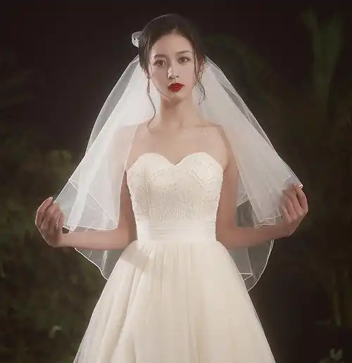 锁边双层蓬蓬短款遮面新娘头纱旅拍婚纱婚礼头纱