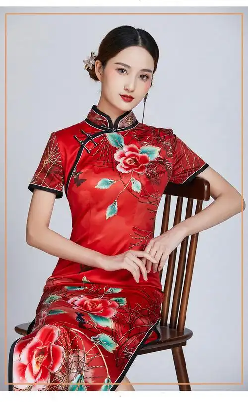 旗袍长款中国风改良时尚红色真丝旗袍礼服优雅复古高档桑蚕丝旗袍裙