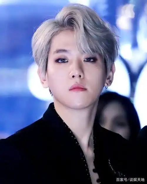 黑色西装的伯贤,搭配一头银色发型,正经严肃的样子很帅