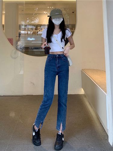 弹力牛仔裤女春季大码胯宽腿粗胖妹妹高腰宽松显瘦开叉直筒裤in