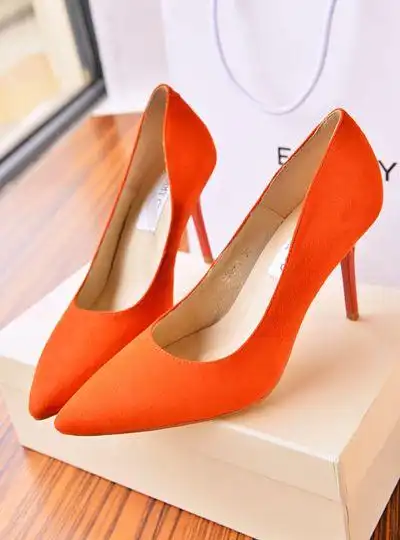 欧洲站2014春夏新款 欧美风 明星款橙色尖头女鞋 高跟鞋 真皮单鞋