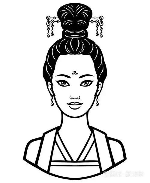 古代的发型的年轻中国女孩的画像.在白色背景上孤立的单色矢量图