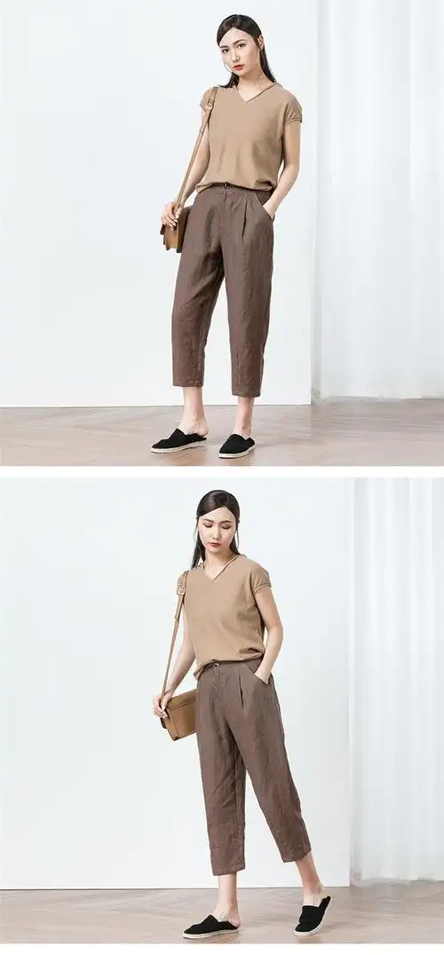 七分棉麻裤大码女裤女高腰宽松小脚哈伦裤休闲麻料萝卜裤夏季薄款