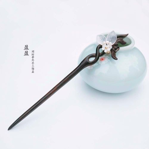 古代风发发簪复古古典檀木发钗粉晶荷花包邮发饰