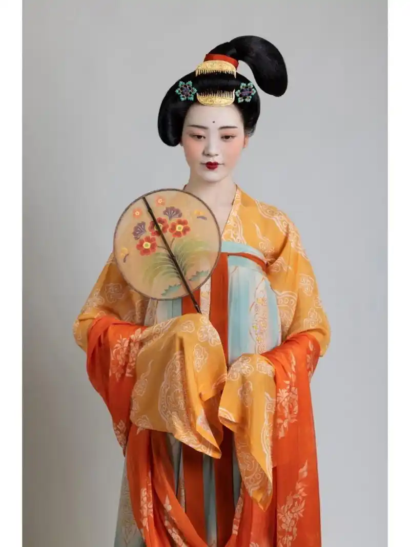 《宫乐图》仕女装束,唐代三白妆堕马髻 #国风    服装:桑缬