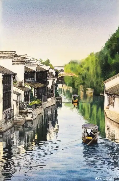 水彩超话王园园水彩画,江南水乡#水彩##王园园水彩