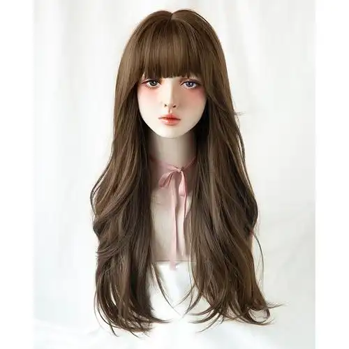 假发女长发空气刘海大波浪长卷发自然逼真蓬松卷发头套式韩式发型黑茶