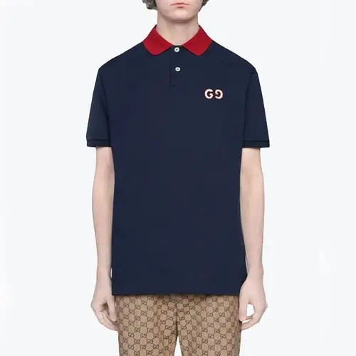 gucci古奇新款男士蓝色gglogo刺绣拼色短袖polo衫