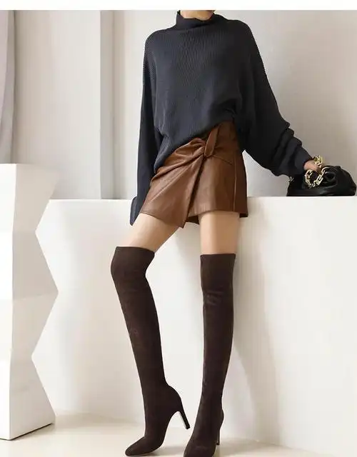 长筒过膝超长大腿靴女王尖头细跟性感高跟弹力秋冬靴大码长靴 米白色