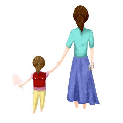 母亲节手绘牵着手的幸福母女背影扎马尾