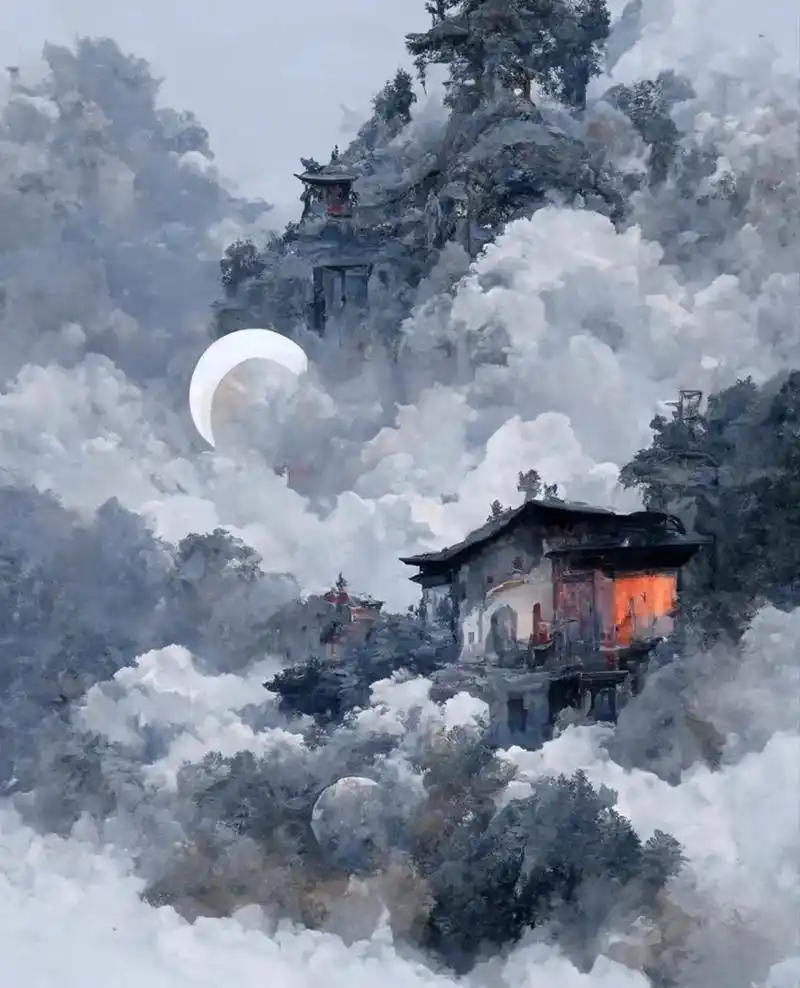 月下飞天境    云生结海楼 以月为主题的画作#唯美意境 # - 抖音