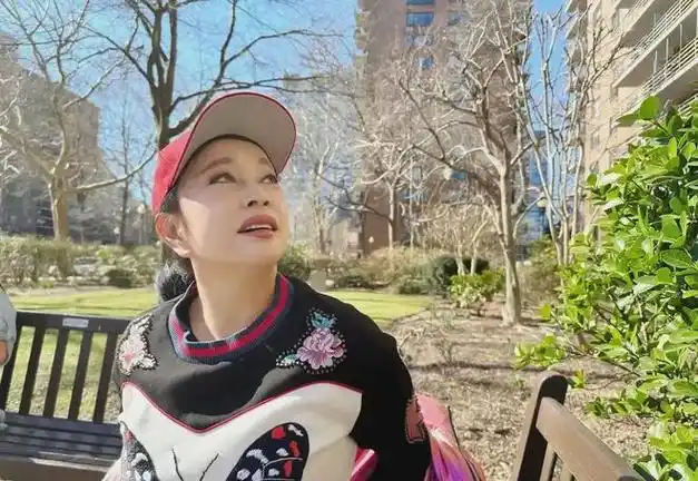 照片中,刘晓庆戴着红色棒球帽,身穿黑色卫衣,衣服上有鲜花和蝴蝶的