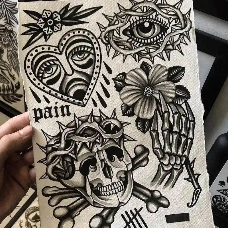 oldschool风格的黑灰纹身图案手稿