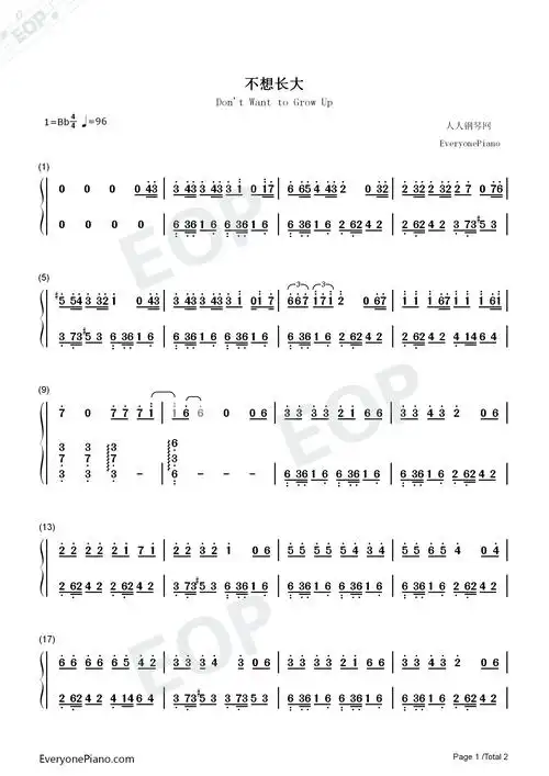 不想长大-钢琴谱文件(五线谱,双手简谱,数字谱,midi,pdf)免费下载