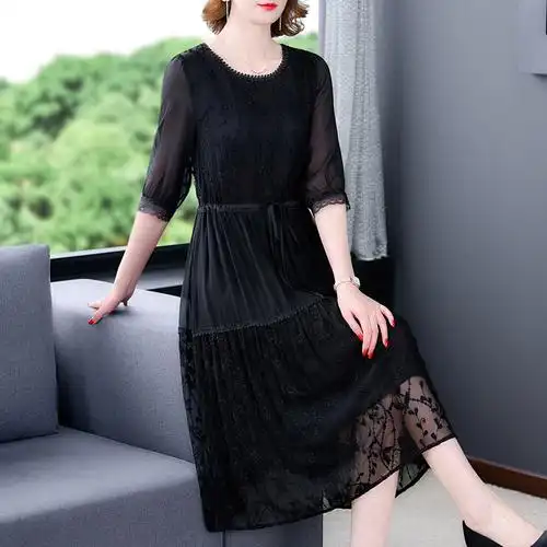 高端重磅真丝连衣裙女2022夏季新款桑蚕丝高档蕾丝收腰中长款裙子