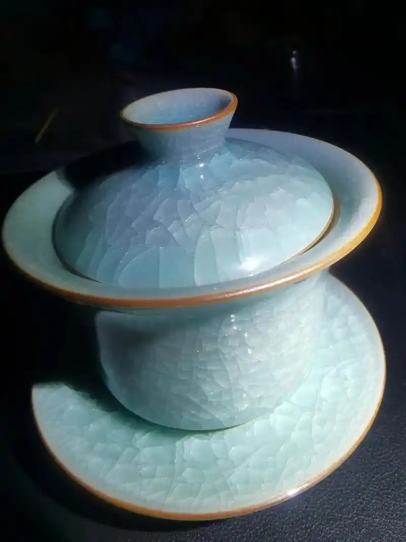 哥窑冰裂纹三才盖碗,产地龙泉,作者叶小春,重469.4克,尺 - 抖音