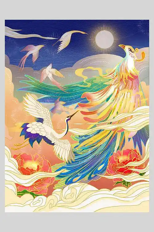 国潮插画元素百鸟朝凤仙鹤吉祥