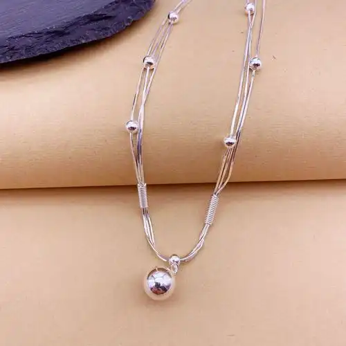 s990纯银女韩版时尚项链圆球长款毛衣链多层蛇骨间珠链网络爆款