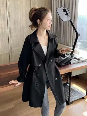 拉夏贝尔风衣外套女2023年春秋新款高端气质英伦收腰显瘦小个子中长款