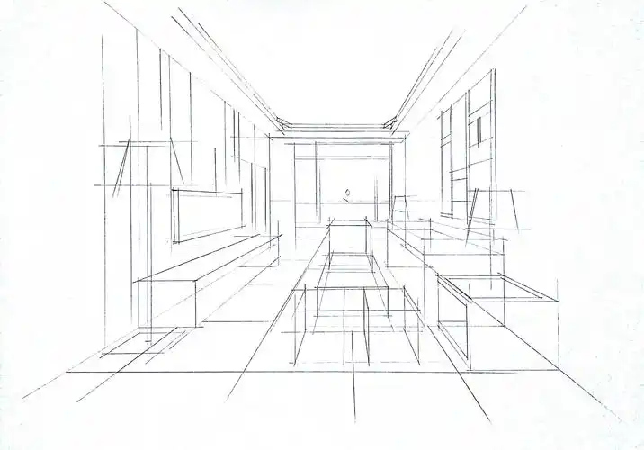 客厅空间一点透视黑白效果绘制步骤图._一叶手绘-站酷zcool