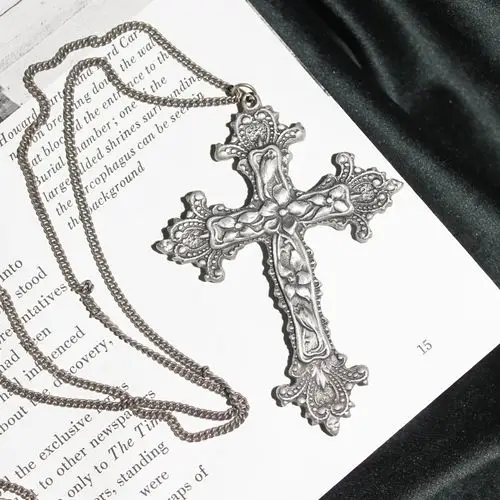 西洋古董首饰精雕十字架锡制精美复古银链毛衣项链