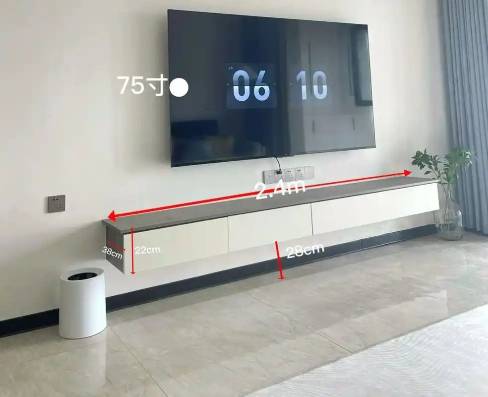你们要的悬空电视柜尺寸来喽 我们家开间3.6m,电视背景墙长3.