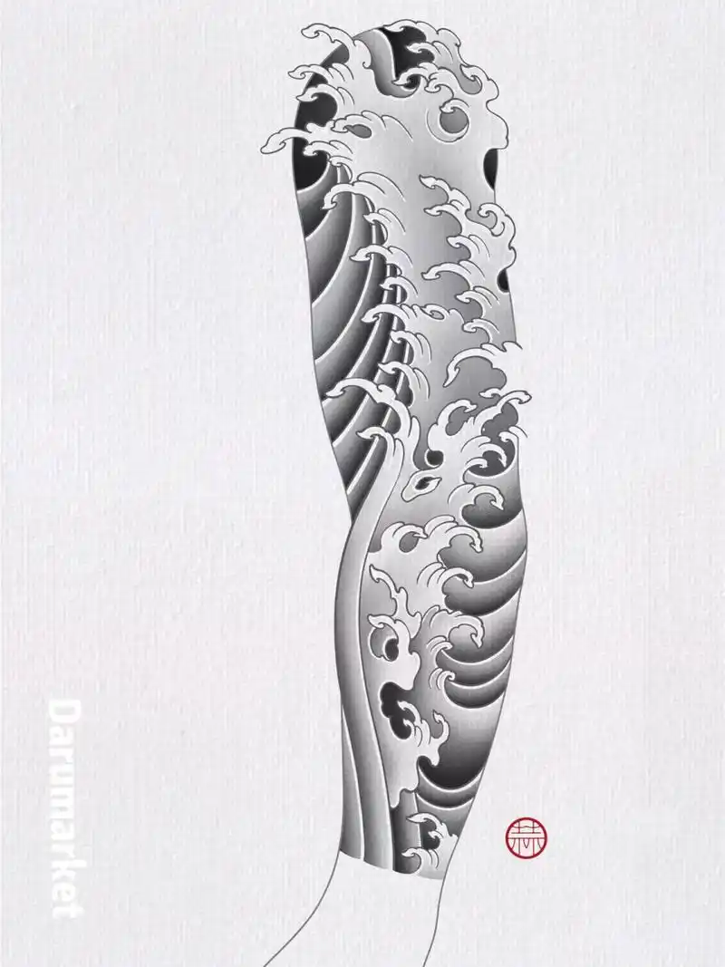 日式传统海浪花臂纹身手稿