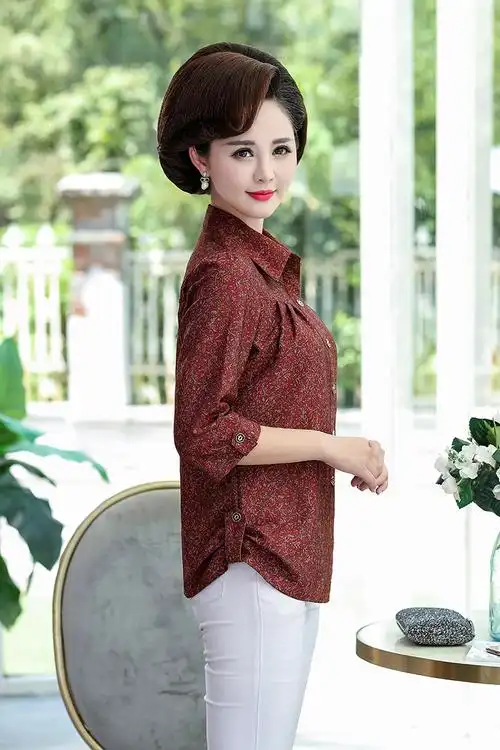 中老年女装七分袖衬衫女上衣春秋新款女士洋气中袖衬衣妈妈装t恤