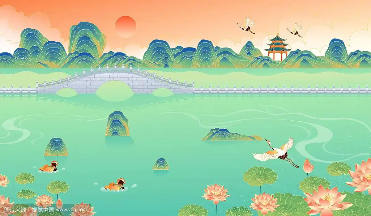 江南园林矢量风景插画