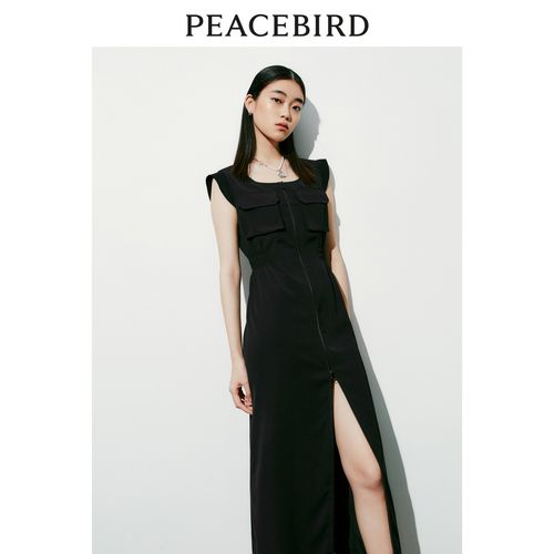 夏季工装风连衣裙拉链无袖高开叉收腰长裙女