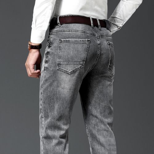 秋季款浅灰色弹力直筒宽松加长牛仔裤高端舒适时尚都市休闲男裤子