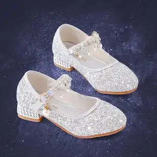 女童皮鞋小女孩演出水晶单鞋主持配礼服走秀公主鞋银色儿童高跟鞋