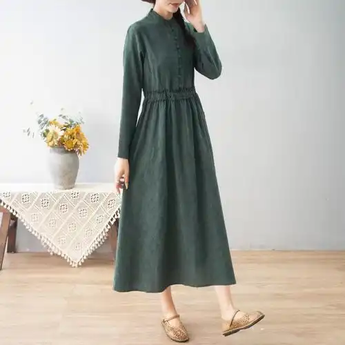 素订棉麻女装官方素素杭州秋季提花连衣裙女木耳边立领长袖高腰抽绳