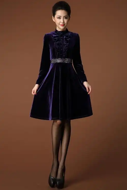 2013秋冬新款显瘦气质优雅大码中年女装长袖金丝绒连衣裙sy008图片_9