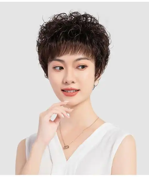 假发女短发全真发中老年人女士全头套自然发型真人发丝妈妈假发套