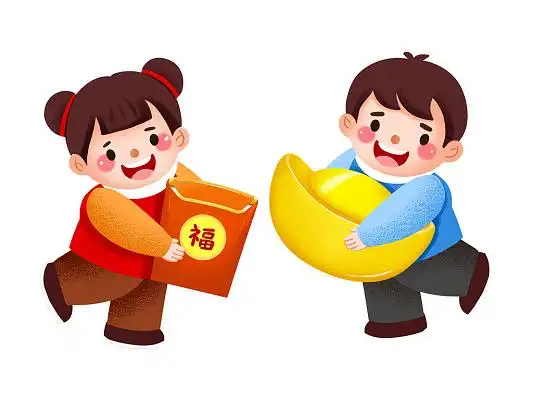 彩色手绘卡通新年春节习俗拜年儿童小孩福娃抱红包金元宝人物元素png