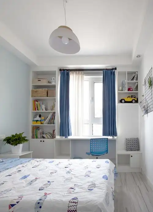 110平简约北欧风卧室书架装修效果图