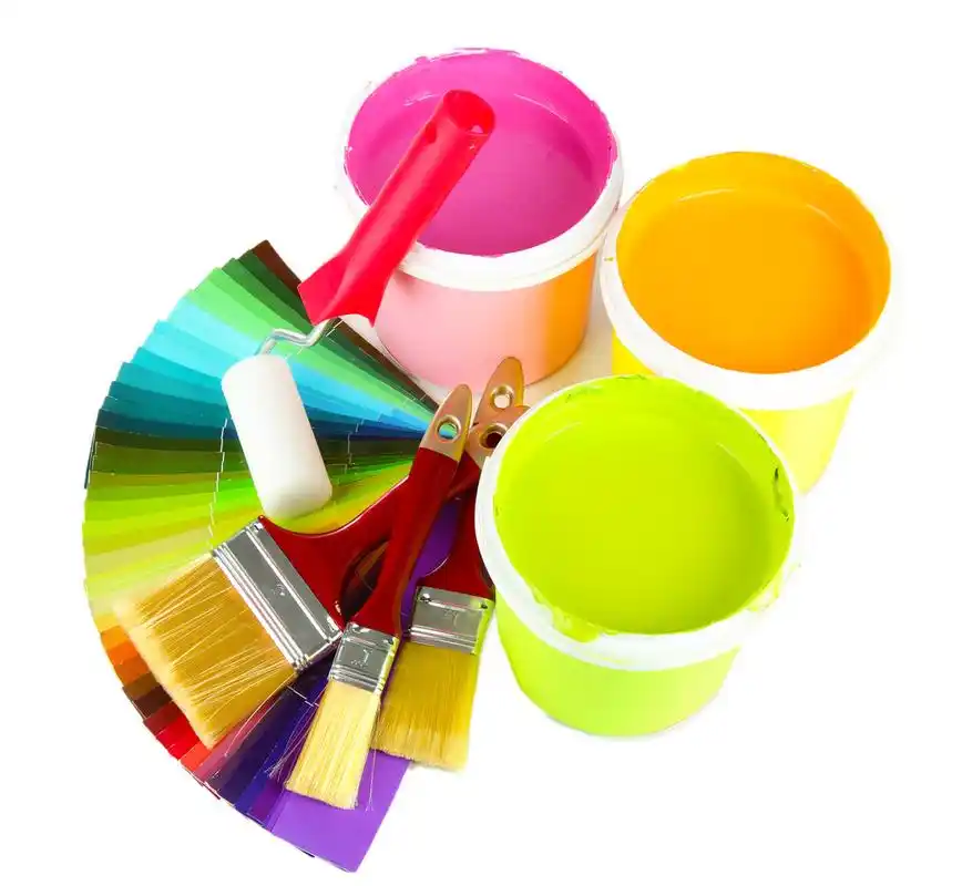 设置绘画: 漆壶, 刷子, 油漆滚筒和孤立的白色衬底上的颜色的调色板