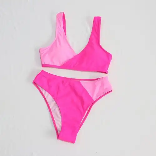 2023热卖爆款欧美分体时尚比基尼 拼色高腰三角裤女士泳衣v领泳装