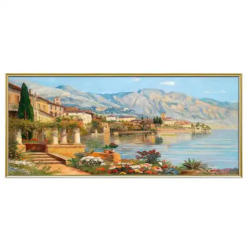 手绘油画欧式地中海风景装饰画客厅玄关横版山水画油画