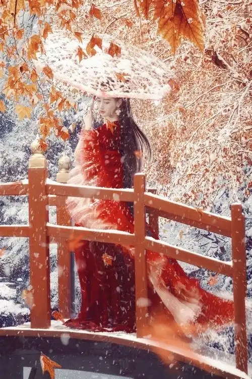 大雪下的红衣白衣,黑衣,这样的张天爱像极了太子妃,好惊艳!