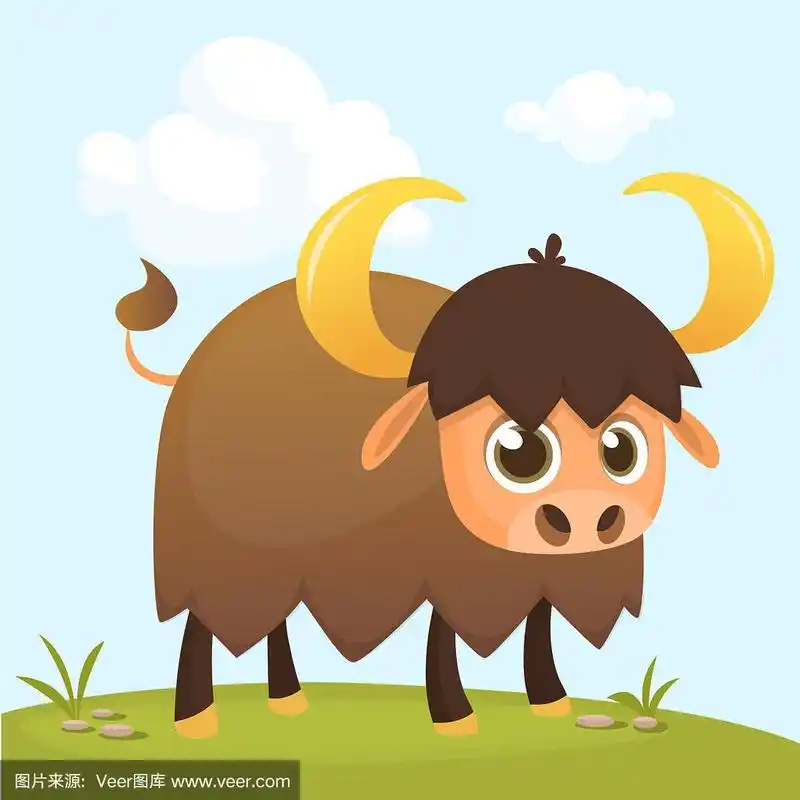 矢量插图的卡通水牛或野牛站在草地上