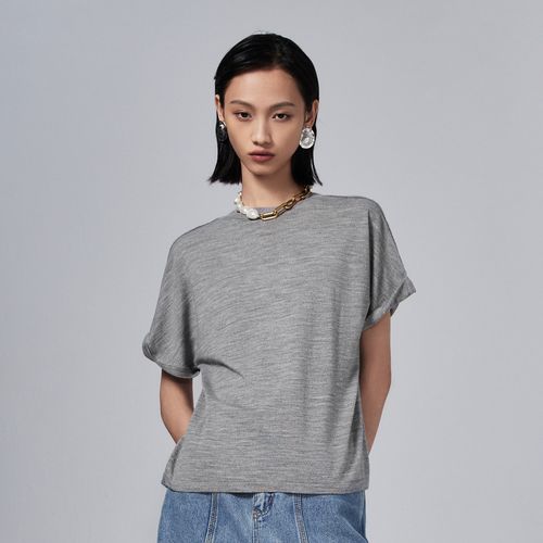 夏羊毛针织衫短袖女浅灰圆领卷边袖口休闲t恤