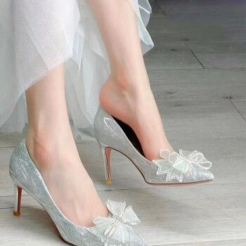 结高跟鞋女大学生法式名媛水晶鞋银色婚鞋水钻尖头女细跟 银色10厘米