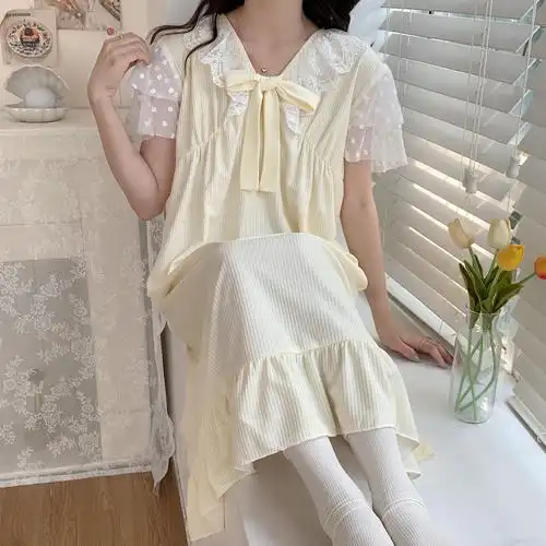 夏季睡裙丝绸领甜美公主可爱冰丝短袖薄款睡衣睡裙