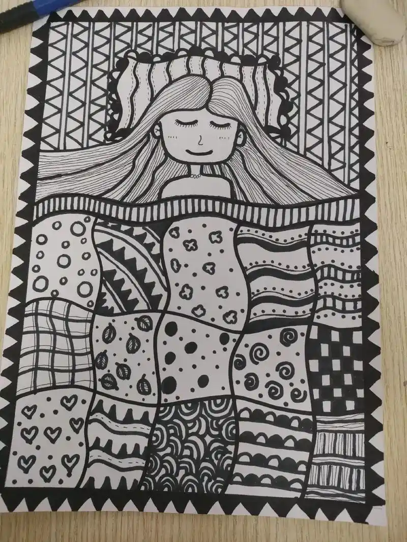 创意美术简单的线条画  听说睡美人都有一张漂亮的床0315# - 抖