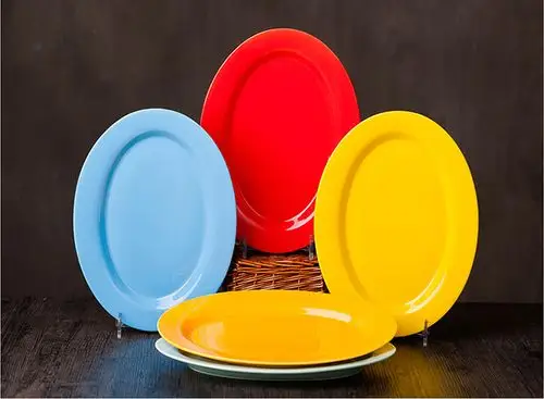 厂家定制陶瓷椭圆形深鱼盘红蓝黄色椭圆盘碟子菜盘子家用餐具