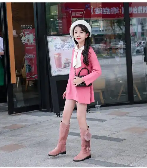 儿童靴子女童长筒靴冬季长靴新款中大童加绒真毛球过膝长靴小学生鞋子