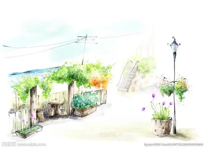 手绘水彩街景风景插画